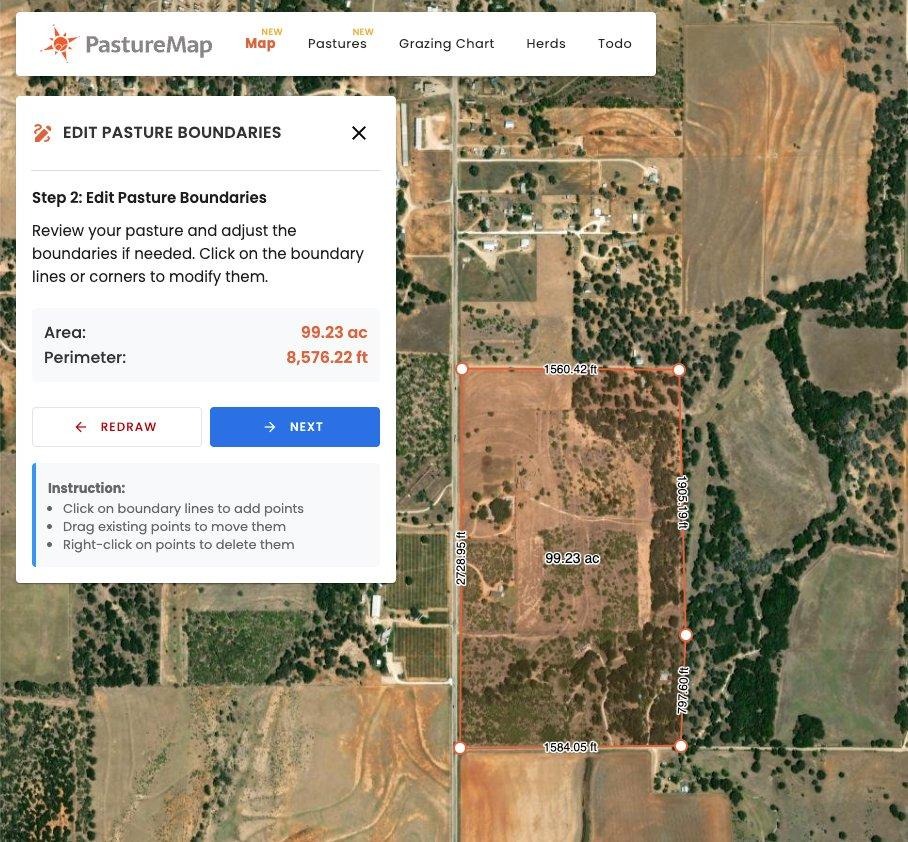 Edit Pasture Boundaries panel - adjust boundary points before saving