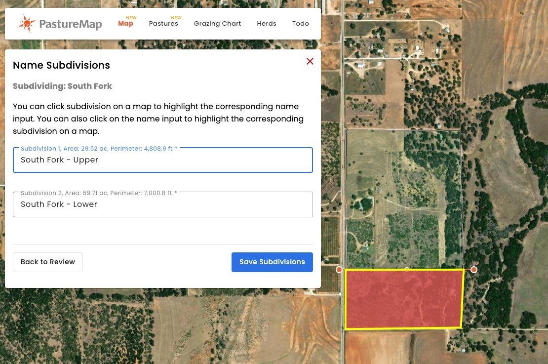 Name Subdivisions panel - click a section on the map to highlight the matching name field