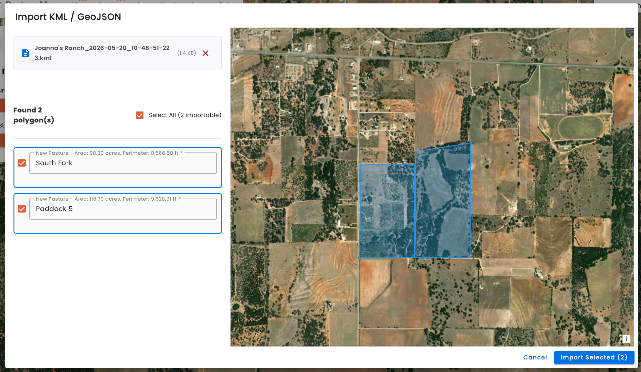 Each polygon is listed with its name, area, and perimeter. You can rename pastures here before importing. Polygons showing a warning cannot be imported.