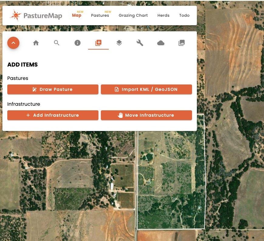 Add Items panel showing Draw Pasture and Import KML / GeoJSON buttons
