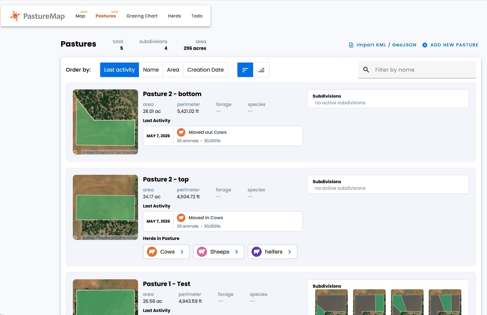 The Pastures page lists all pastures with key stats and last activity