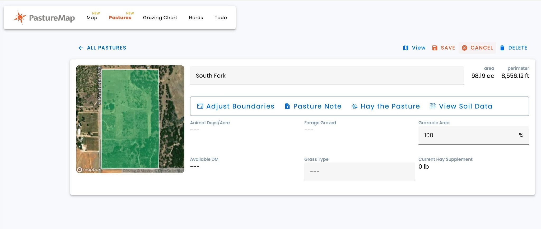 Edit mode on the Pastures page - update name or grazable area then click Save