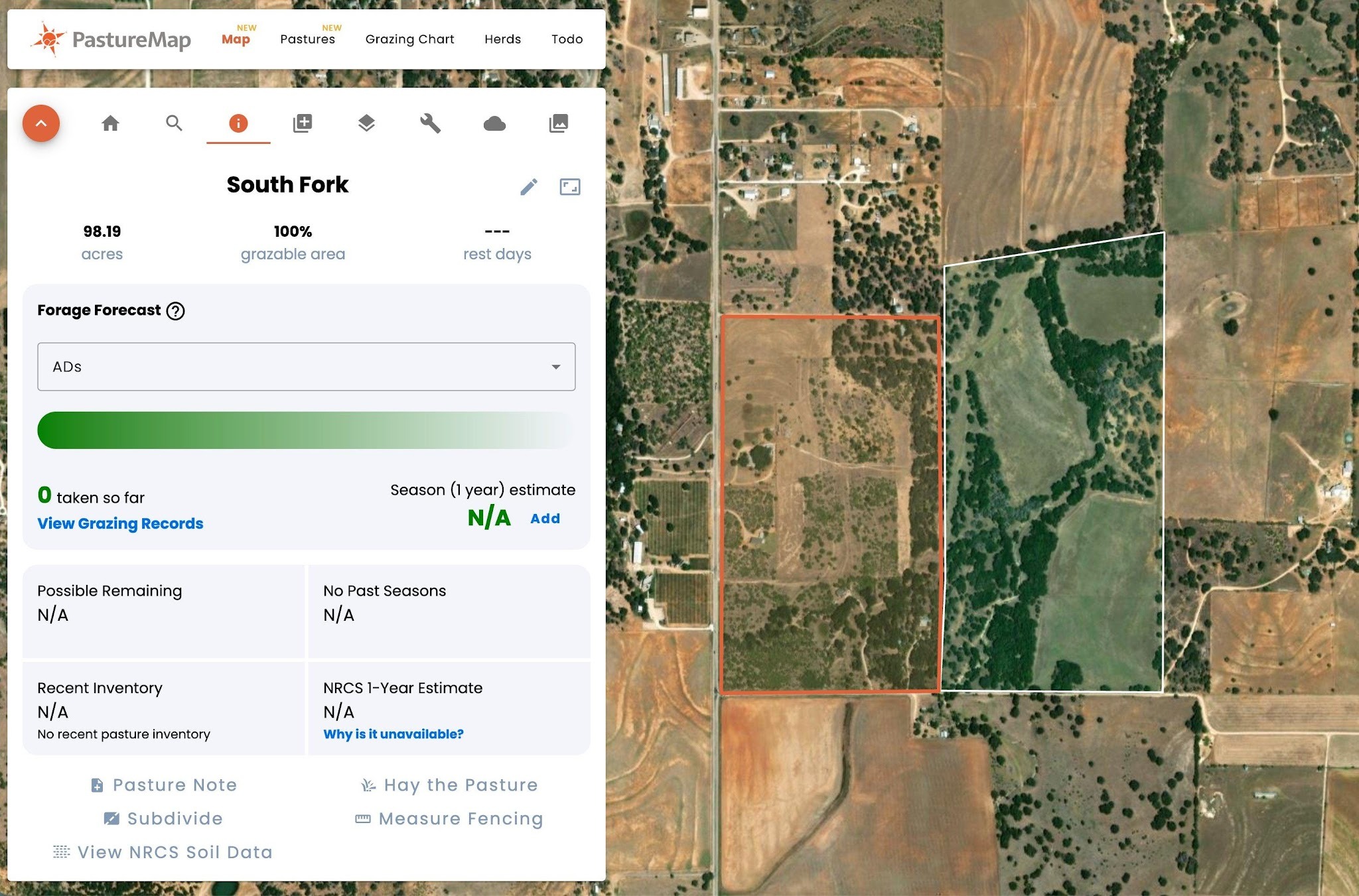Click any pasture on the map to open the detail panel