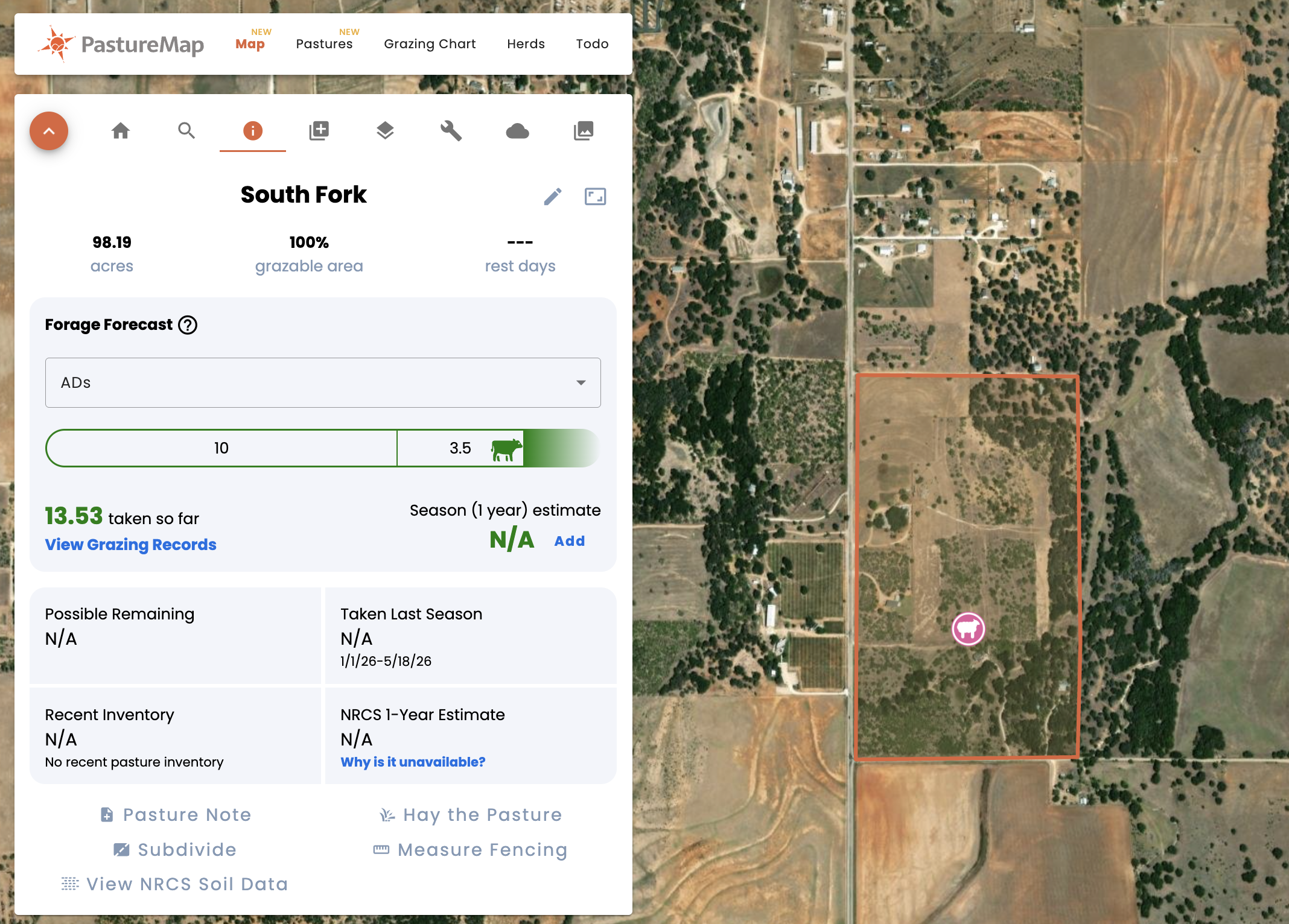 The Item Summary panel for a pasture, scrolled to show all sections