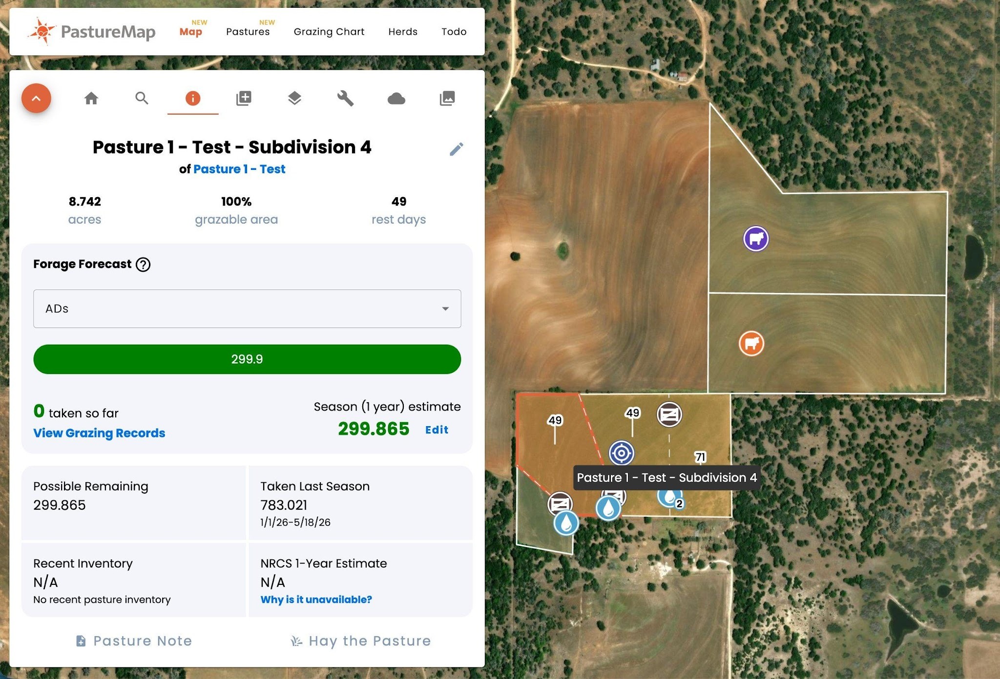 The Item Summary panel for a subdivision, showing the parent pasture link below the name