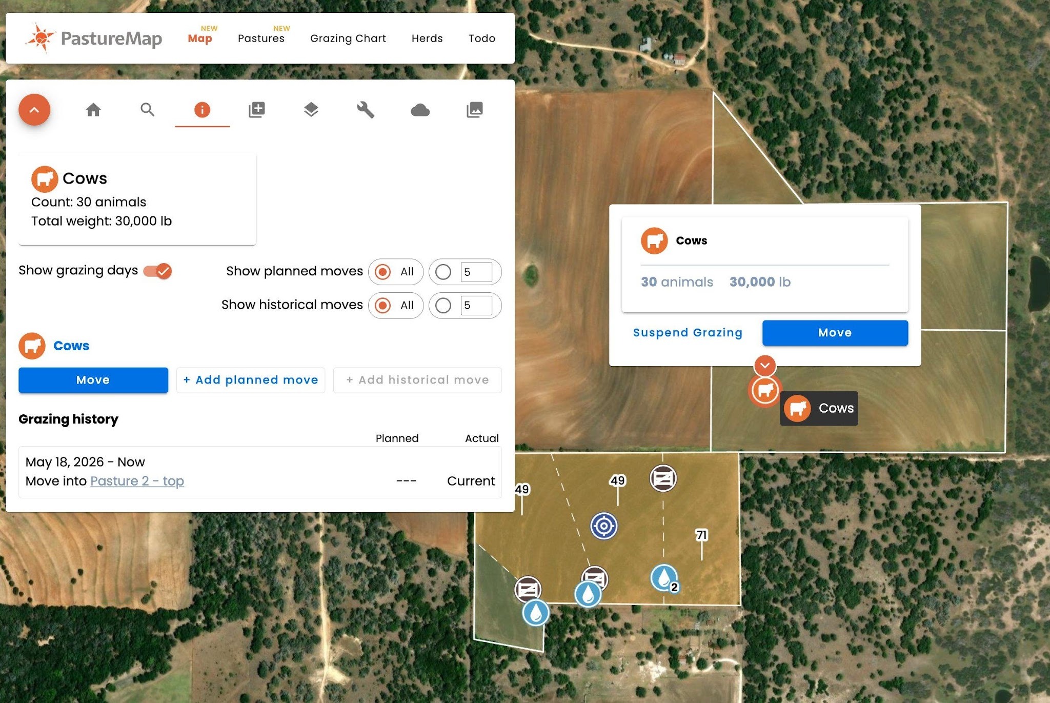Clicking a herd icon on the map opens an inline card with Suspend Grazing and Move options