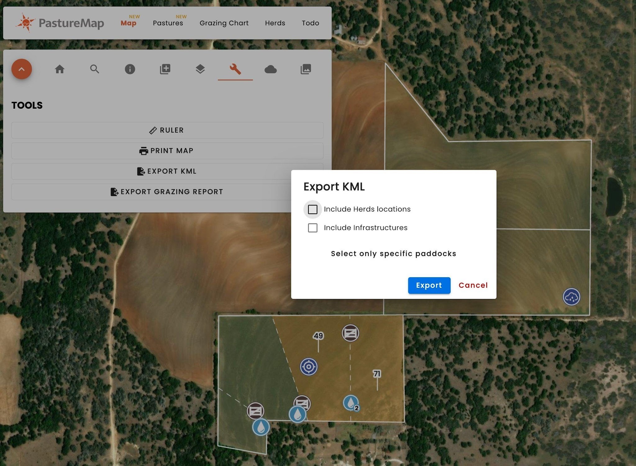 The Export KML dialog with content and paddock selection options