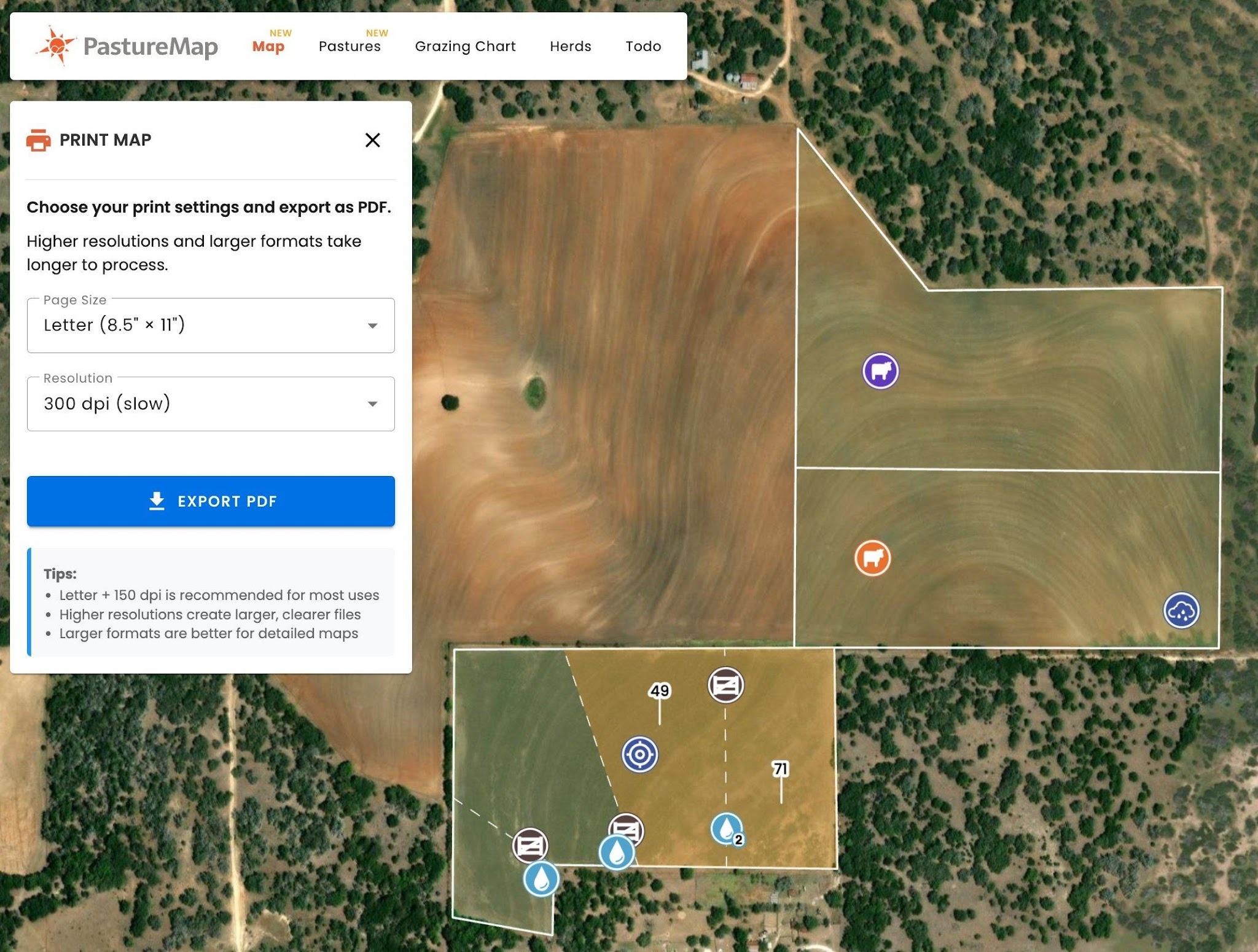 The Print Map panel with Page Size, Resolution, and Export PDF options