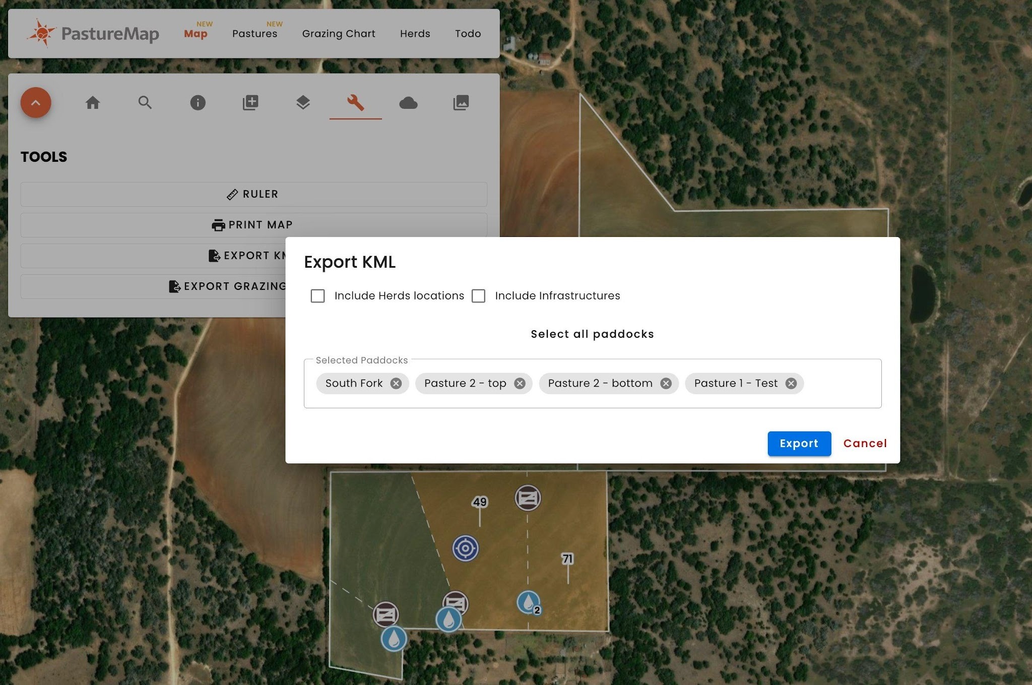 The Export KML dialog with specific pastures selected