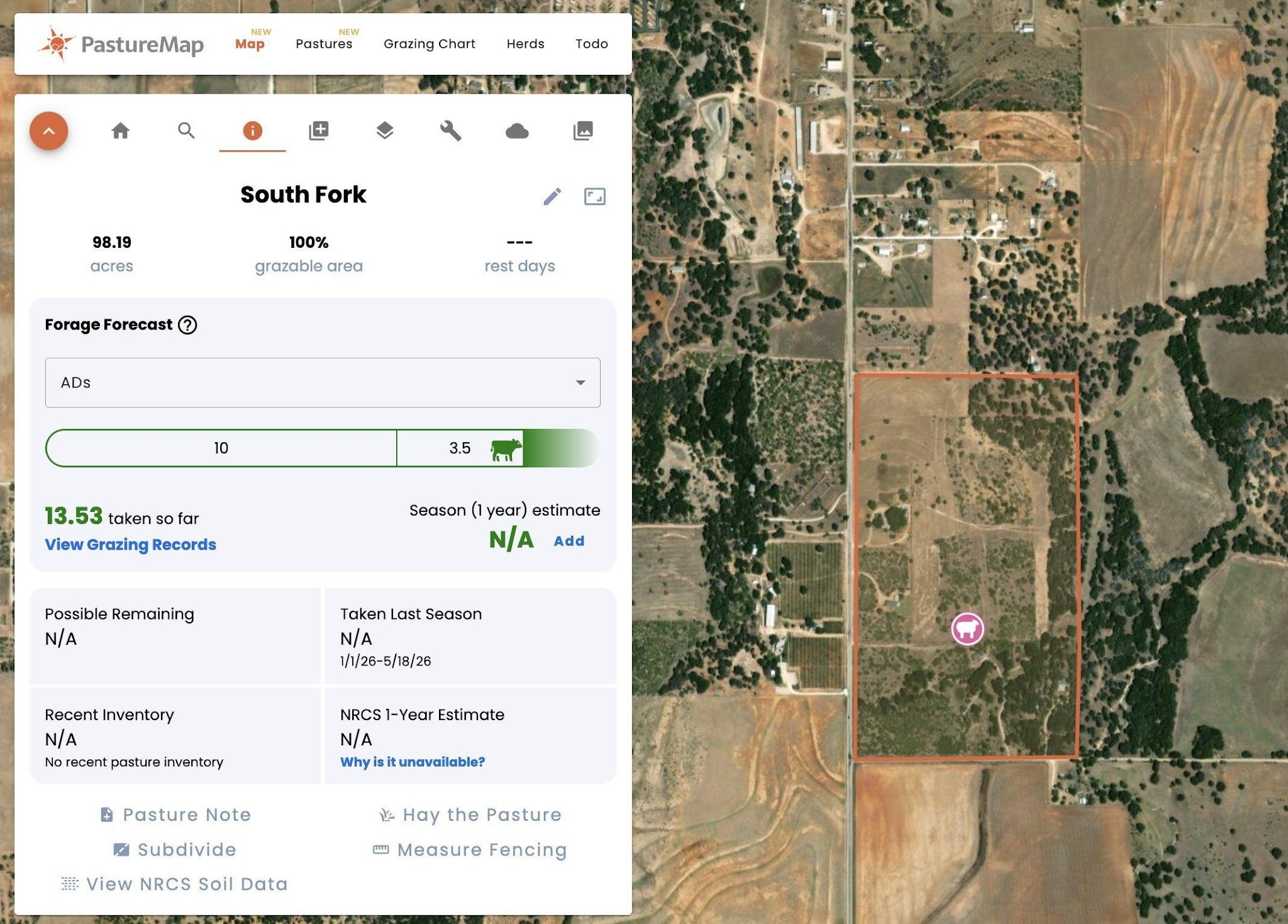 The Item Summary panel for a pasture without subdivisions, showing the Subdivide button