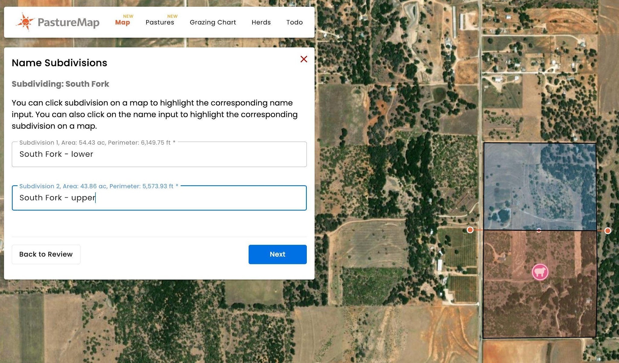 The Name Subdivisions panel with name inputs for each subdivision