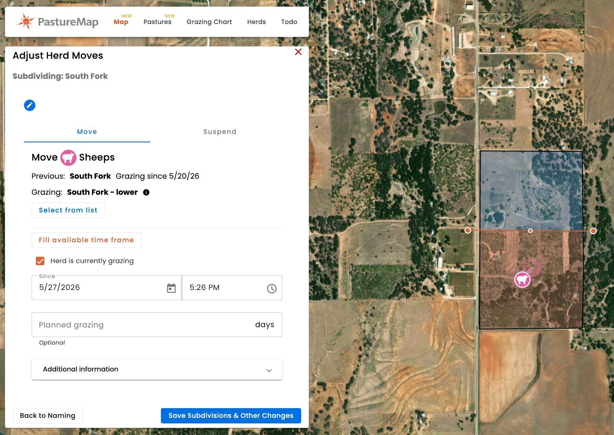 Adjust Herd Moves panel with a target subdivision selected and the Save button enabled
