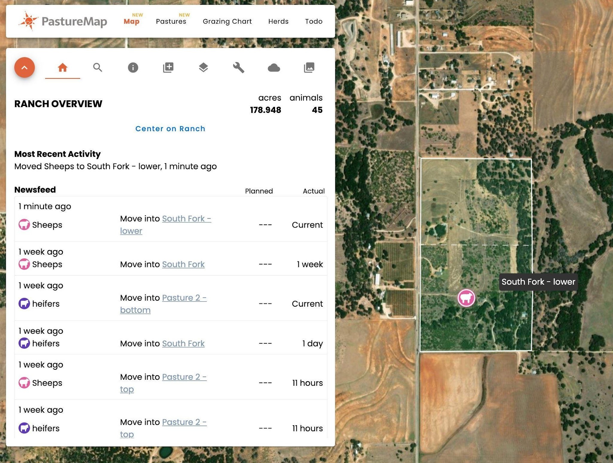 The map after subdividing, with the new subdivisions visible and the herd move logged in the activity feed