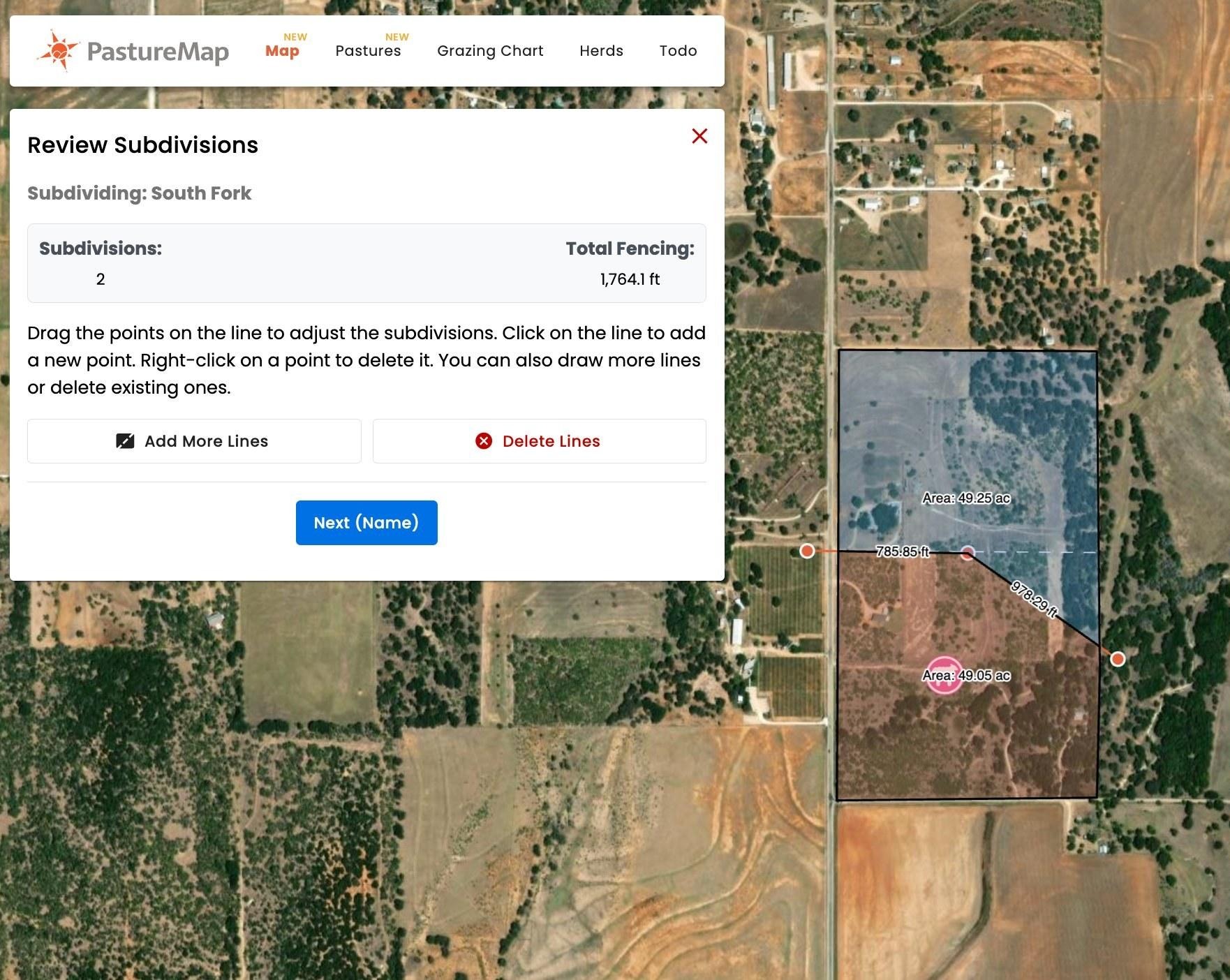The Review Subdivisions panel after editing a line, with updated areas and total fencing