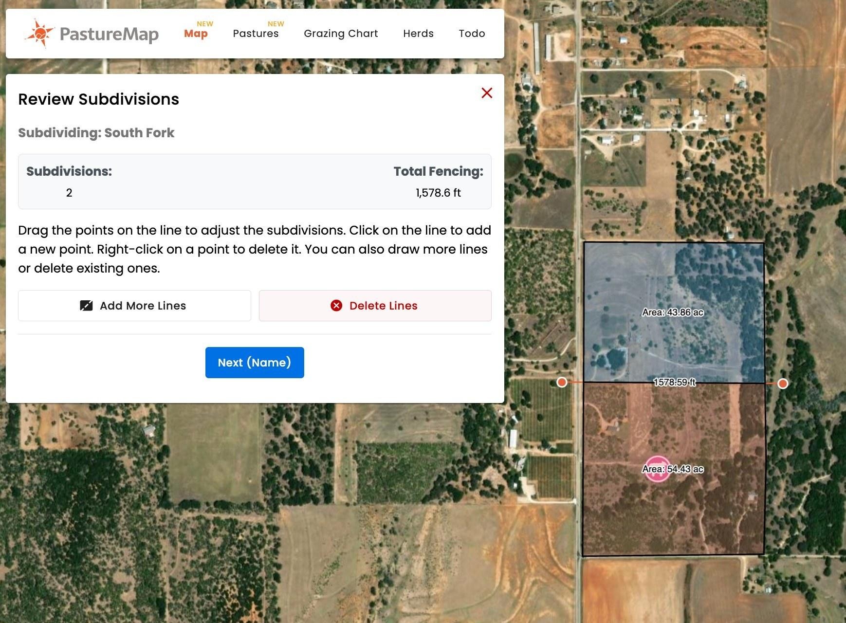 The Review Subdivisions panel as it opens from Manage Subdivisions, showing existing lines