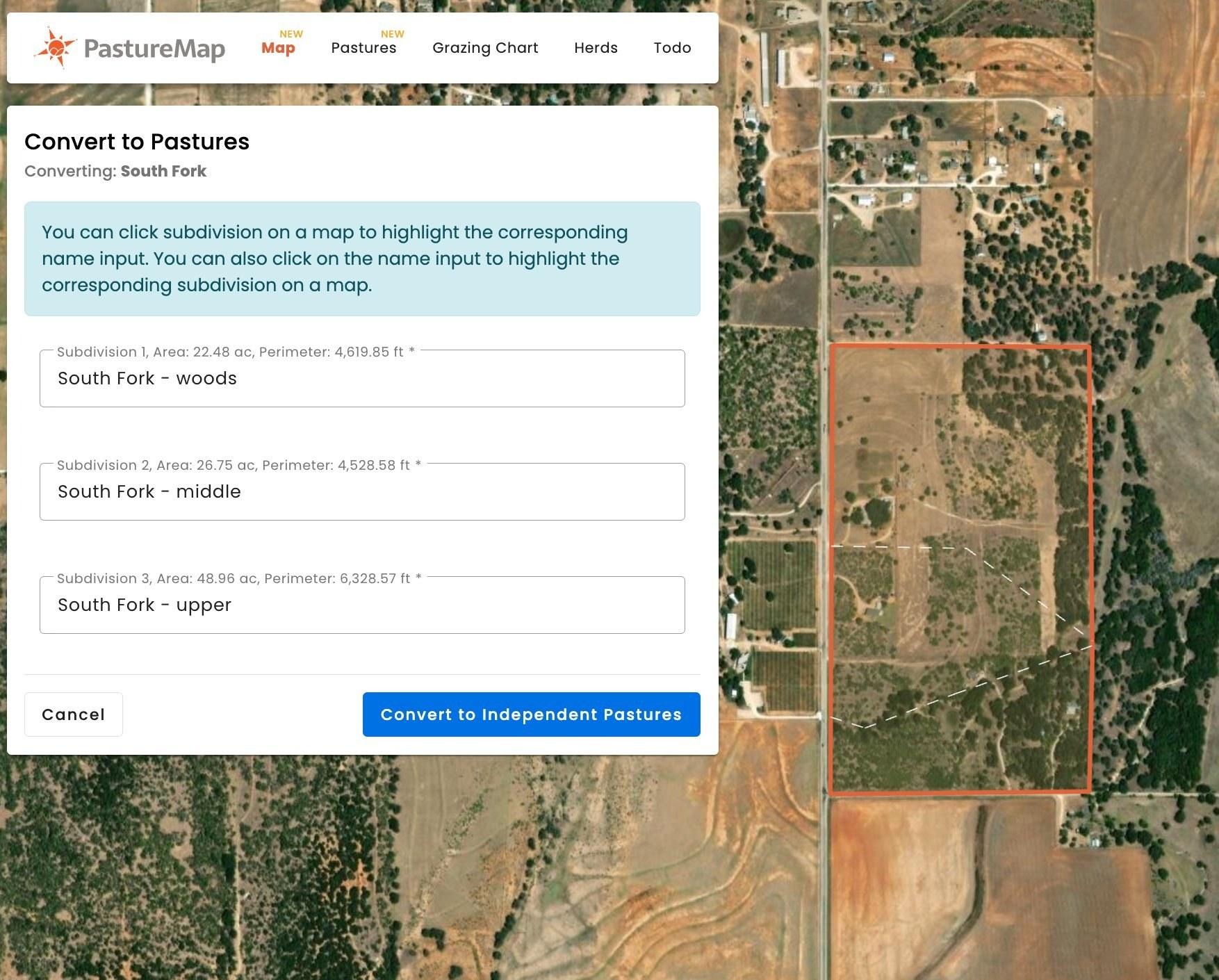 The Convert to Pastures panel with a name input for each subdivision