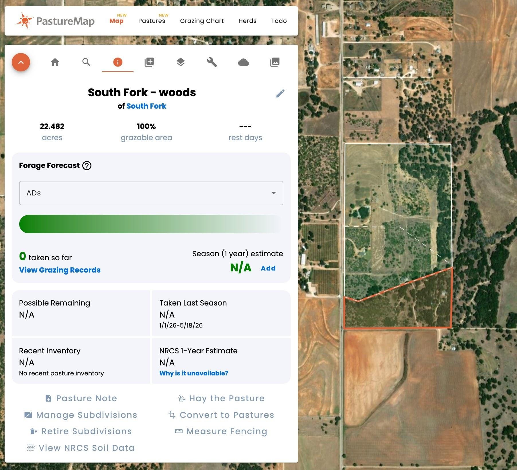 The Item Summary panel for a subdivision, showing the Convert to Pastures action