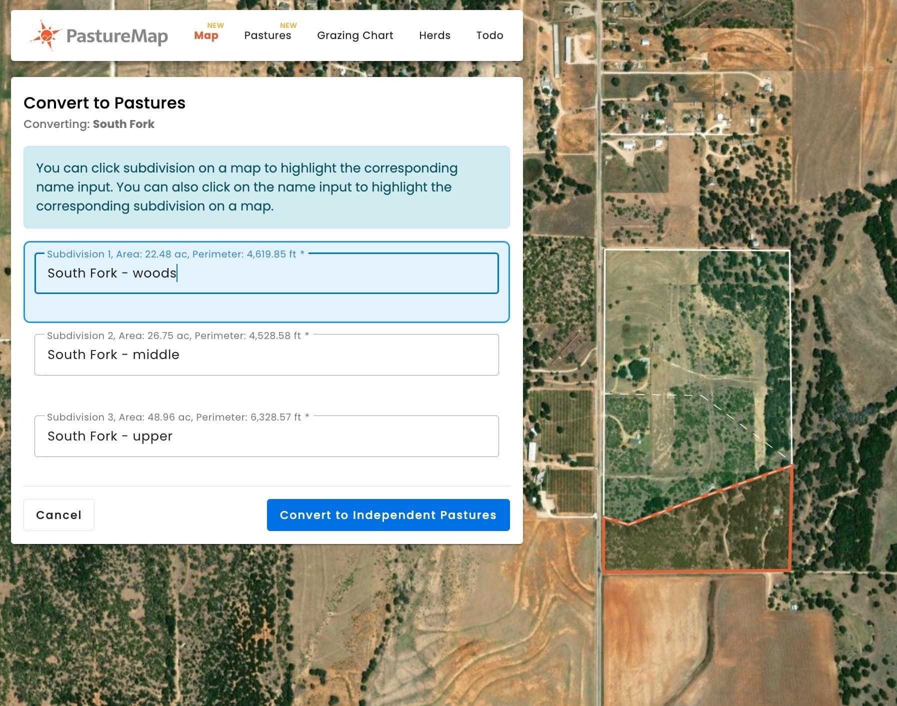 Clicking a name input highlights the corresponding subdivision on the map