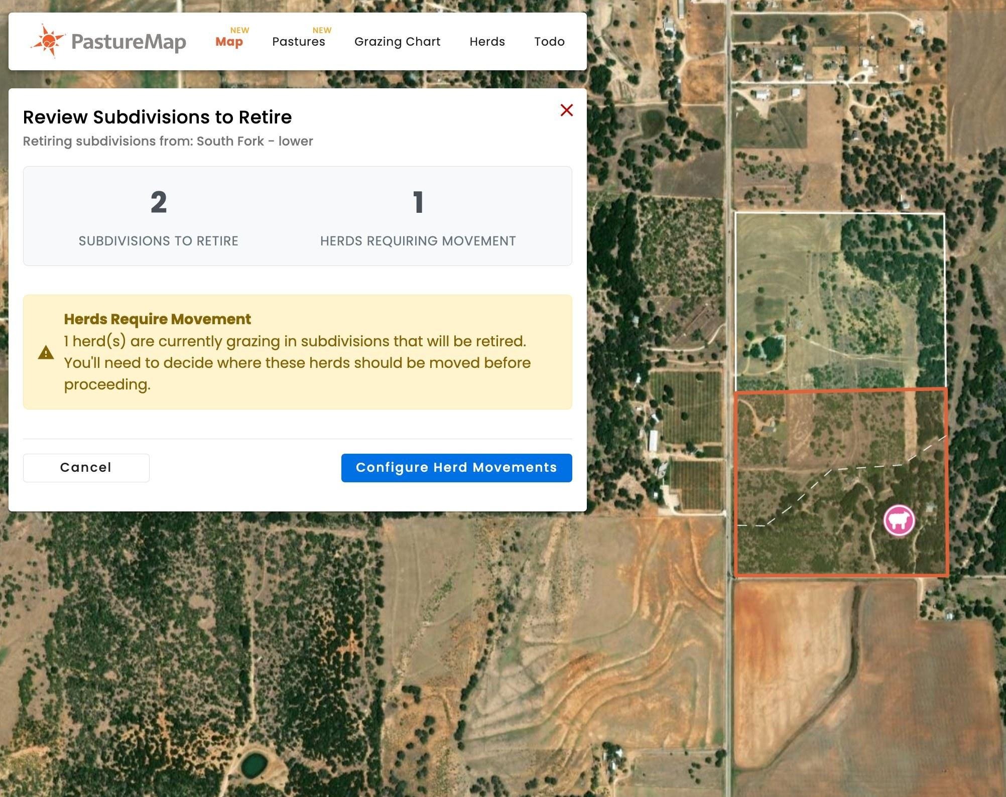 The Review Subdivisions to Retire panel, showing the subdivision count and any herds requiring movement