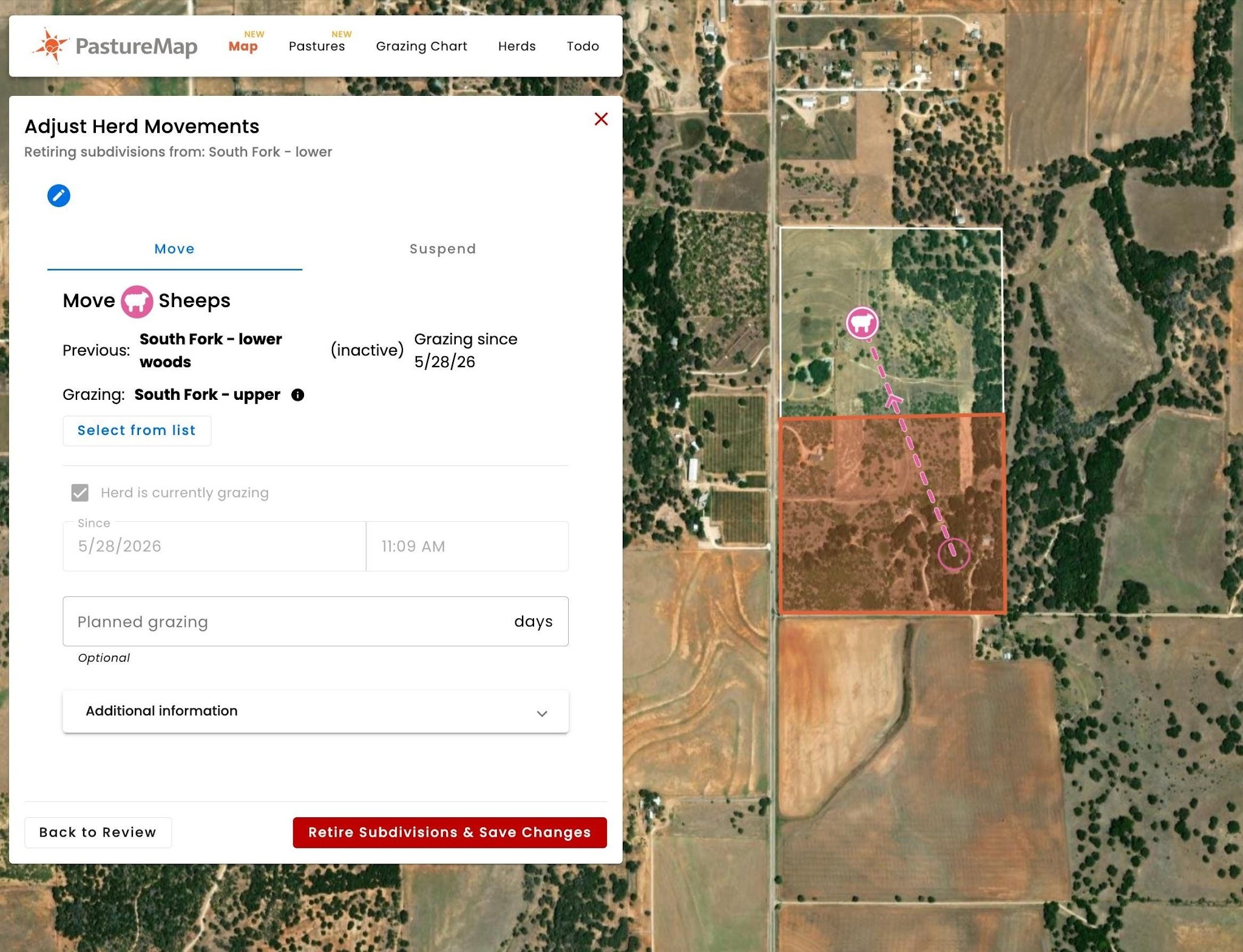 The Adjust Herd Movements panel with a target pasture selected and the Save button enabled