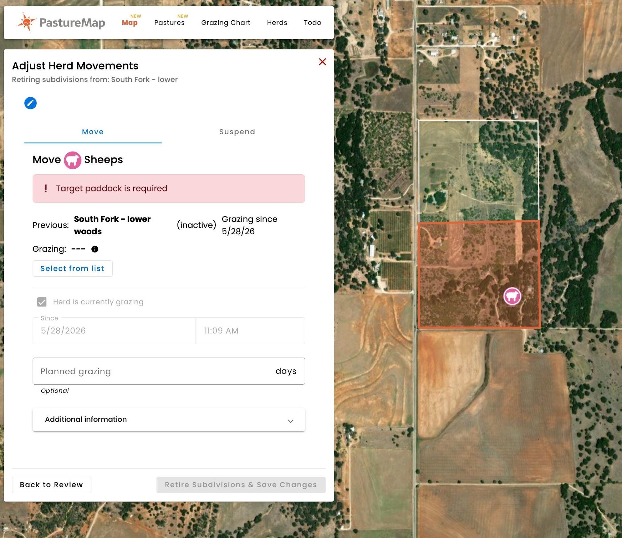 The Adjust Herd Movements panel on the Move tab, with a target paddock required