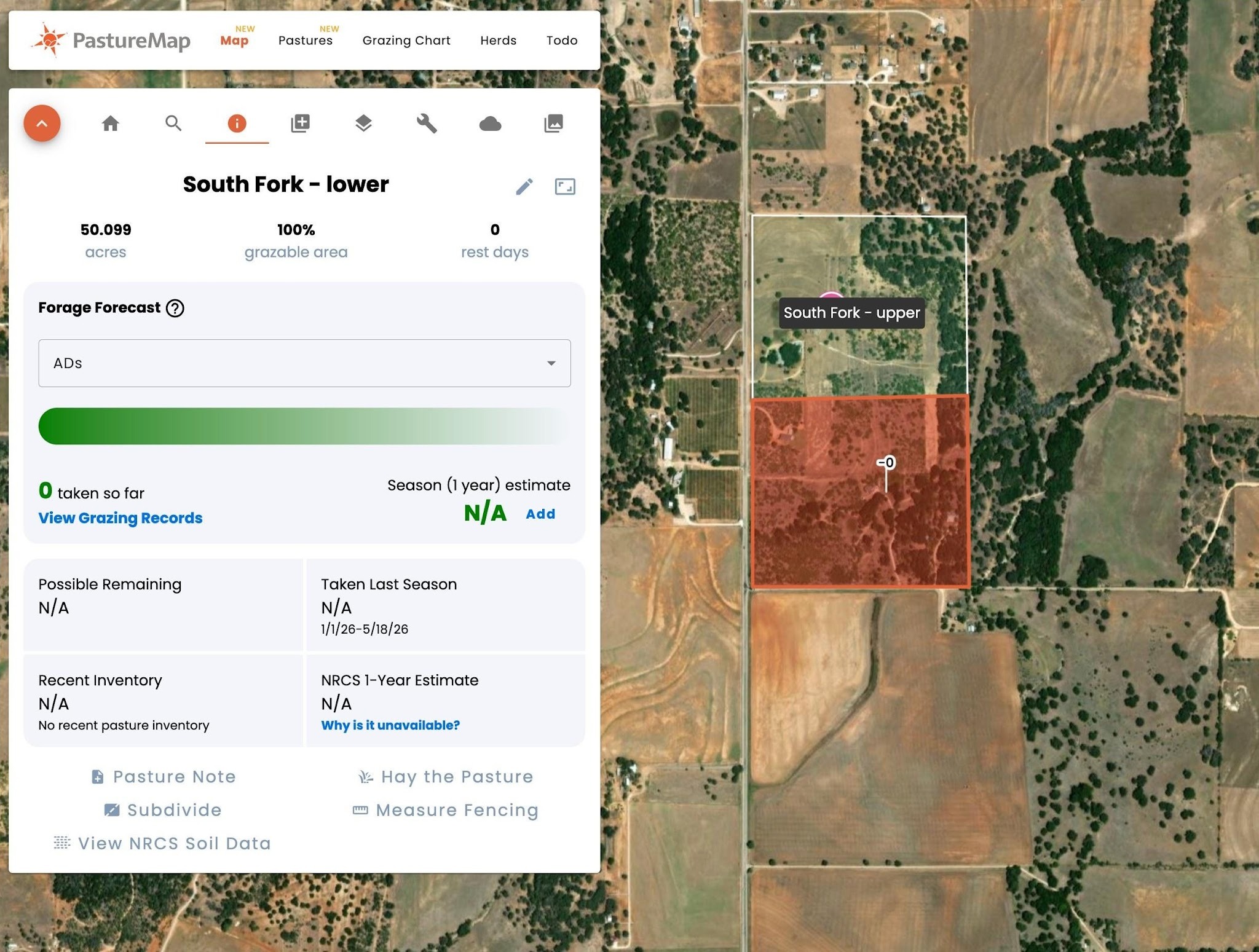 The Item Summary panel for the parent pasture after retiring subdivisions, with the Subdivide action restored